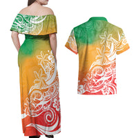 Polynesian Sunset Plumeria Couples Matching Off Shoulder Maxi Dress and Hawaiian Shirt Pacific Island Tribal Reggae Style LT9 - Wonder Print Shop