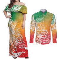 Polynesian Sunset Plumeria Couples Matching Off Shoulder Maxi Dress and Long Sleeve Button Shirts Pacific Island Tribal Reggae Style LT9 - Wonder Print Shop