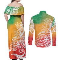 Polynesian Sunset Plumeria Couples Matching Off Shoulder Maxi Dress and Long Sleeve Button Shirts Pacific Island Tribal Reggae Style LT9 - Wonder Print Shop