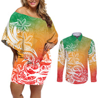 Polynesian Sunset Plumeria Couples Matching Off Shoulder Short Dress and Long Sleeve Button Shirts Pacific Island Tribal Reggae Style LT9 - Wonder Print Shop