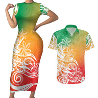 Polynesian Sunset Plumeria Couples Matching Short Sleeve Bodycon Dress and Hawaiian Shirt Pacific Island Tribal Reggae Style LT9 - Wonder Print Shop