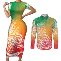 Polynesian Sunset Plumeria Couples Matching Short Sleeve Bodycon Dress and Long Sleeve Button Shirts Pacific Island Tribal Reggae Style LT9 - Wonder Print Shop