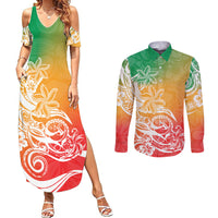 Polynesian Sunset Plumeria Couples Matching Summer Maxi Dress and Long Sleeve Button Shirts Pacific Island Tribal Reggae Style LT9 - Wonder Print Shop