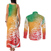Polynesian Sunset Plumeria Couples Matching Tank Maxi Dress and Long Sleeve Button Shirts Pacific Island Tribal Reggae Style LT9 - Wonder Print Shop