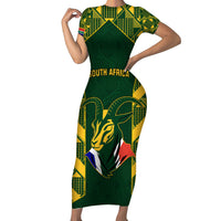 South Africa Rugby Short Sleeve Bodycon Dress Bokke Champions Kente Pattern - Wonder Print Shop