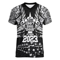 Custom New Zealand Rugby Women V Neck T Shirt Black Haka Dance With NZ Champions History - Wonder Print Shop