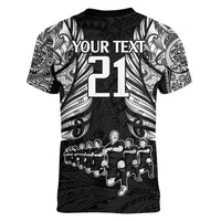 Custom New Zealand Rugby Women V Neck T Shirt Black Haka Dance With NZ Champions History - Wonder Print Shop