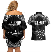 NZ Rugby Couples Matching Off Shoulder Short Dress and Hawaiian Shirt Kapa Opango Maori Haka With Years of The All Black Champions LT9 - Wonder Print Shop