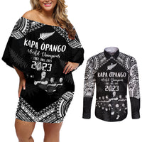 NZ Rugby Couples Matching Off Shoulder Short Dress and Long Sleeve Button Shirt Kapa Opango Maori Haka With Years of The All Black Champions LT9 - Wonder Print Shop