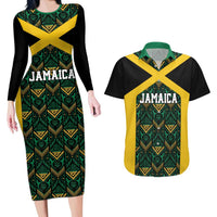 Jamaica Football Custom Couples Matching Long Sleeve Bodycon Dress and Hawaiian Shirt Black Ethnic Motifs LT9 - Wonder Print Shop