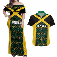 Jamaica Football Custom Couples Matching Off Shoulder Maxi Dress and Hawaiian Shirt Black Ethnic Motifs LT9 - Wonder Print Shop