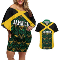 Jamaica Football Custom Couples Matching Off Shoulder Short Dress and Hawaiian Shirt Black Ethnic Motifs LT9 - Wonder Print Shop