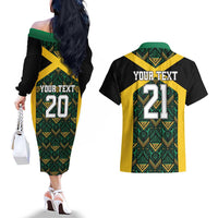 Jamaica Football Custom Couples Matching Off The Shoulder Long Sleeve Dress and Hawaiian Shirt Black Ethnic Motifs LT9 - Wonder Print Shop