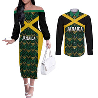 Jamaica Football Custom Couples Matching Off The Shoulder Long Sleeve Dress and Long Sleeve Button Shirt Black Ethnic Motifs