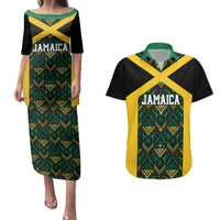 Jamaica Football Custom Couples Matching Puletasi and Hawaiian Shirt Black Ethnic Motifs LT9 - Wonder Print Shop