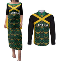 Jamaica Football Custom Couples Matching Puletasi and Long Sleeve Button Shirt Black Ethnic Motifs LT9 - Wonder Print Shop
