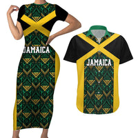 Jamaica Football Custom Couples Matching Short Sleeve Bodycon Dress and Hawaiian Shirt Black Ethnic Motifs LT9 - Wonder Print Shop