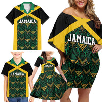 Jamaica Football Custom Family Matching Off Shoulder Short Dress and Hawaiian Shirt Black Ethnic Motifs LT9 - Wonder Print Shop