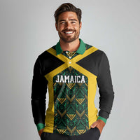 Jamaica Football Custom Long Sleeve Polo Shirt Black Ethnic Motifs - Wonder Print Shop