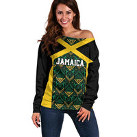 Jamaica Football Custom Off Shoulder Sweater Black Ethnic Motifs - Wonder Print Shop