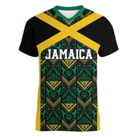 Jamaica Football Custom Women V-Neck T-Shirt Black Ethnic Motifs - Wonder Print Shop