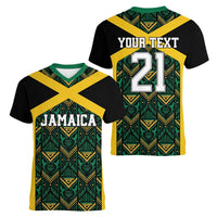 Jamaica Football Custom Women V-Neck T-Shirt Black Ethnic Motifs - Wonder Print Shop