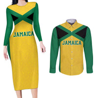 Jamaica Football Custom Couples Matching Long Sleeve Bodycon Dress and Long Sleeve Button Shirt Gold Ethnic Motifs LT9 - Wonder Print Shop