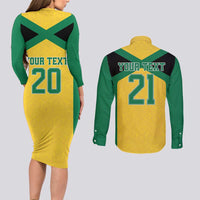 Jamaica Football Custom Couples Matching Long Sleeve Bodycon Dress and Long Sleeve Button Shirt Gold Ethnic Motifs LT9 - Wonder Print Shop