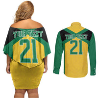Jamaica Football Custom Couples Matching Off Shoulder Short Dress and Long Sleeve Button Shirt Gold Ethnic Motifs LT9 - Wonder Print Shop