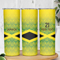 Custom Jamaica Reggae Boyz Skinny Tumbler With Traditional Pattern - Wonder Print Shop