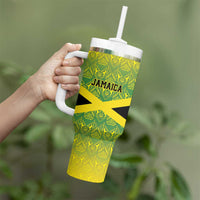 Custom Jamaica Reggae Boyz Tumbler With Handle With Traditional Pattern - Wonder Print Shop