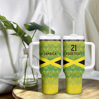 Custom Jamaica Reggae Boyz Tumbler With Handle With Traditional Pattern - Wonder Print Shop
