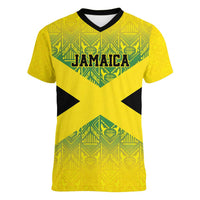 Custom Jamaica Reggae Boyz Women V-Neck T-Shirt With Traditional Pattern - Wonder Print Shop
