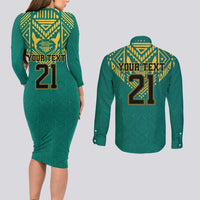 Jamaica Tribal Custom Football Couples Matching Long Sleeve Bodycon Dress and Long Sleeve Button Shirt Green Style LT9 - Wonder Print Shop