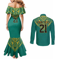 Jamaica Tribal Custom Football Couples Matching Mermaid Dress and Long Sleeve Button Shirt Green Style