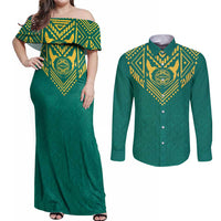 Jamaica Tribal Custom Football Couples Matching Off Shoulder Maxi Dress and Long Sleeve Button Shirt Green Style LT9 - Wonder Print Shop