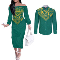 Jamaica Tribal Custom Football Couples Matching Off The Shoulder Long Sleeve Dress and Long Sleeve Button Shirt Green Style