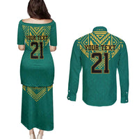 Jamaica Tribal Custom Football Couples Matching Puletasi and Long Sleeve Button Shirt Green Style LT9 - Wonder Print Shop