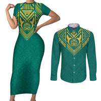 Jamaica Tribal Custom Football Couples Matching Short Sleeve Bodycon Dress and Long Sleeve Button Shirt Green Style LT9 - Wonder Print Shop