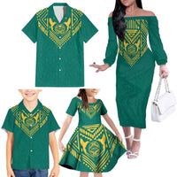 Jamaica Tribal Custom Football Family Matching Off The Shoulder Long Sleeve Dress and Hawaiian Shirt Green Style - Wonder Print Shop