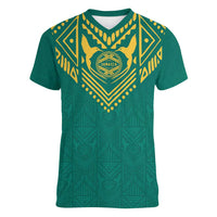 Jamaica Tribal Custom Football Women V-Neck T-Shirt Green Style - Wonder Print Shop