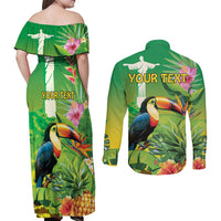 Brazil Rio-Toucan Bird Personalized Couples Matching Off Shoulder Maxi Dress and Long Sleeve Button Shirt Tropical Flowers
