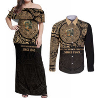 Gulf of Mexico Personalized Couples Matching Off Shoulder Maxi Dress and Long Sleeve Button Shirt Since 1569 Aztec Vingtage