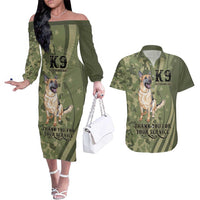 United States Canine Personalized Couples Matching Off The Shoulder Long Sleeve Dress and Hawaiian Shirt USA Military K9s Camouflage