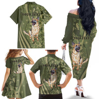 United States Canine Personalized Family Matching Off The Shoulder Long Sleeve Dress and Hawaiian Shirt USA Military K9s Camouflage