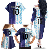 Argentina Football Custom Family Matching Off The Shoulder Long Sleeve Dress and Hawaiian Shirt Vamos La Albiceleste Half Version