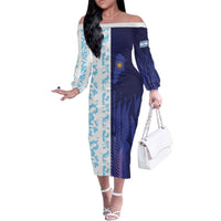 Argentina Football Custom Family Matching Off The Shoulder Long Sleeve Dress and Hawaiian Shirt Vamos La Albiceleste Half Version