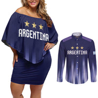 Argentina Football Custom Couples Matching Off Shoulder Short Dress and Long Sleeve Button Shirt Vamos La Albiceleste Vintage