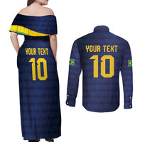 Brazil Football Custom Couples Matching Off Shoulder Maxi Dress and Long Sleeve Button Shirt Selecao Canarinho Flag Motif