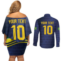 Brazil Football Custom Couples Matching Off Shoulder Short Dress and Long Sleeve Button Shirt Selecao Canarinho Flag Motif